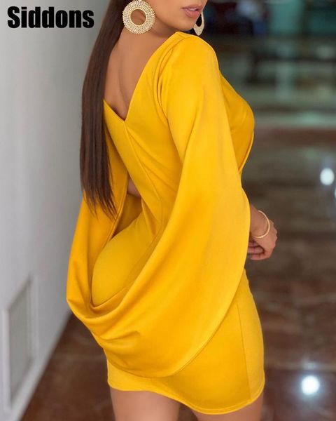 

women elegant patchwork solid v neck cloak design ruched bodycon mini dress, Black;gray