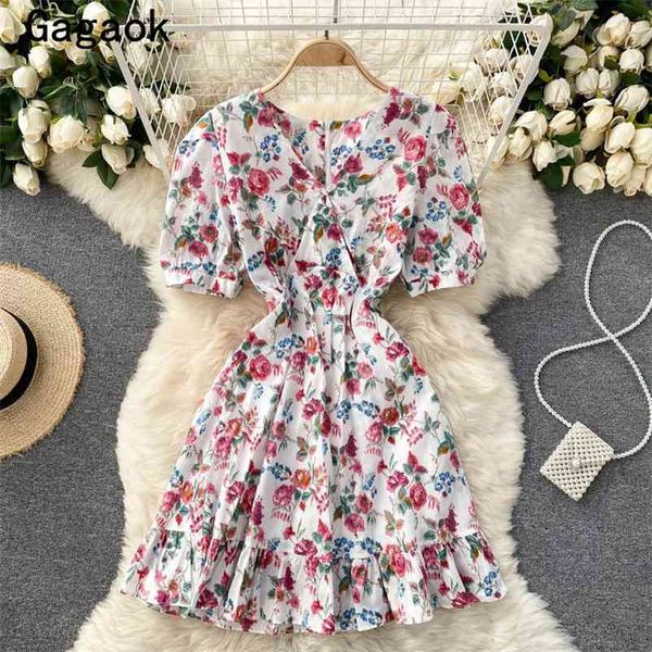 

dress women summer v-neck puff sleeve ruffles sweet mini print dresses slim fashion korean chic wild vestidos 210531, Black;gray