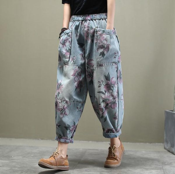 

women's pants & capris 2021 spring literary retro elastic waist large pocket printing denim harem girl loose casual women pant, Black;white