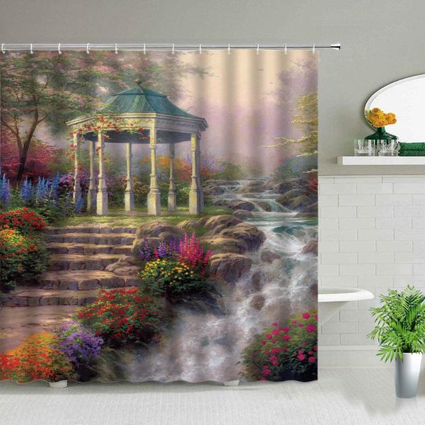 

shower curtains european style rural oil painting waterfall scenery flower plant forest landscape bath curtain bathroom screen