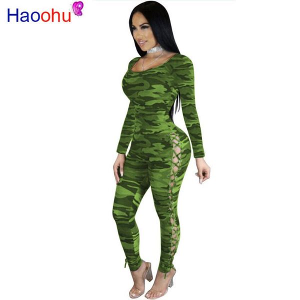 

women's jumpsuits & rompers camouflage lace up for women 2021 scoop neck cut-out bandage party overall autumn bodycon long sleeve bodys, Black;white