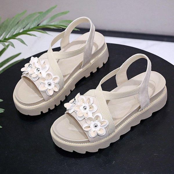 

sandals solid color flower non-slip thick bottom open toe roman shoes soft beach comfortable, Black