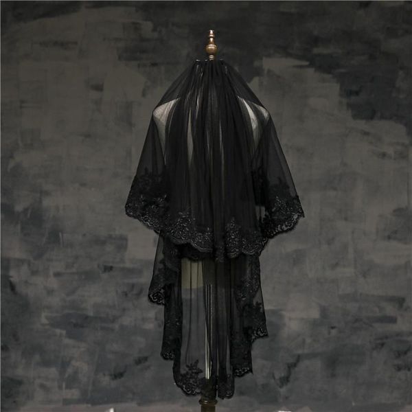 

bridal veils two-layer black wedding veil with lace cosplay party comb