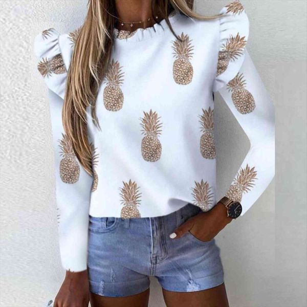 

pineapple print loose casual ol women shirts long sleeve o neck fashion work, White
