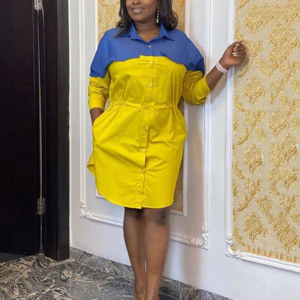 

casual dresses 2021 summer for women patchwork turn down collar full sleeve single breasted knee length elegant office work, Black;gray