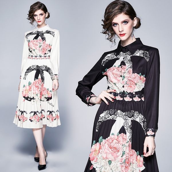 

new ladies floral designer dresses women's fashion lantern sleeve runway shirts knee-length dress plus size office designer pleated dre, Black;pink