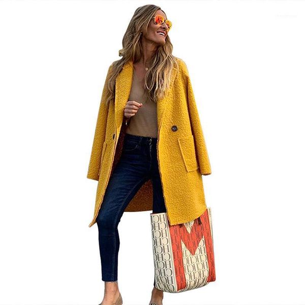 

women's wool & blends women office streetwear blend coat autumn and winter turn-down collar long female jacket plus size yellow, Black