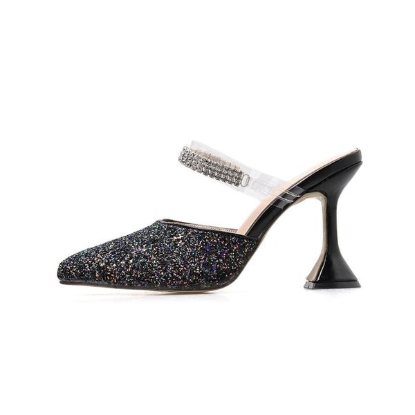 

early spring rhinestones pointed toe high heel slip-on sandals women stylish sequined vamp lady's gladiator shoes party, Black