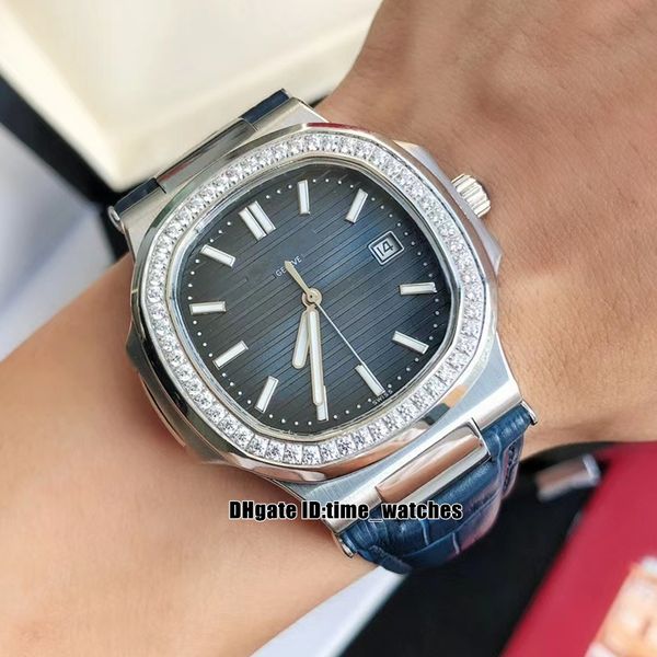 

new diamond bezel 40mm 5711/1 sport watches miyota 8215 automatic mens watch blue textured dial blue leather strap gents wristwatches, Slivery;brown