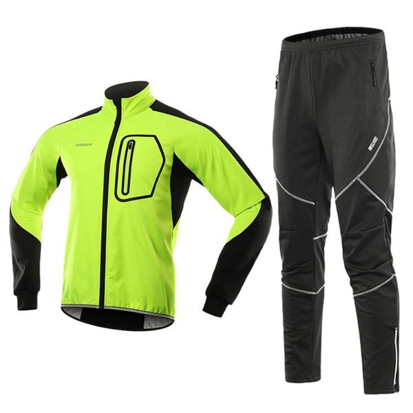 

racing sets men's cycling clothing set winter thermal fleece pants rainproof windproof reflective jersey men sportswear jacket, Black;blue