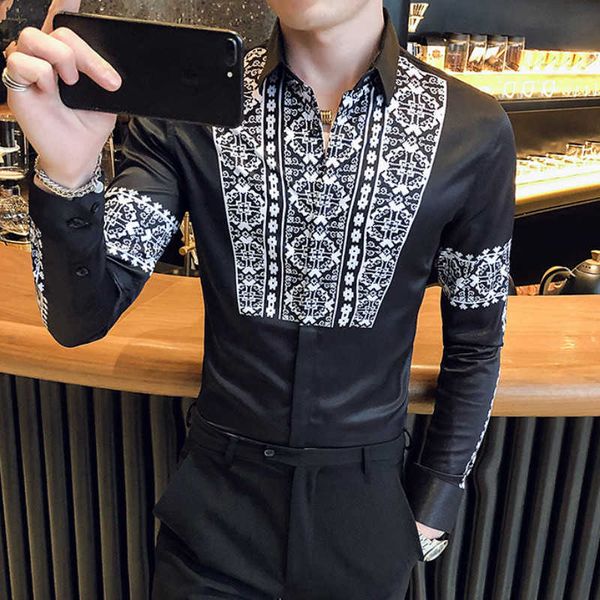 

retro shirts men slim fit casual formal dress shirts chemise homme long sleeve streetwear social blouse camisas para hombre 210527, White;black