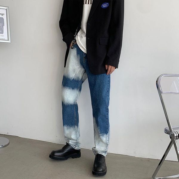 

korean tie-dye jeans men's slim fashion retro casual wide legs jeans men streetwear hip-hop straight denim trousers mens s-xl, Blue