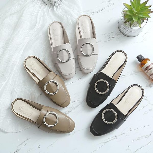 

slippers metal decoration ladies summer shoes comfortable slides flat heel sandals round toe plus size 41-43 slingbacks anti-skid slipper, Black