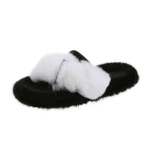 

slippers 2021 spring and summer plus size european american style women's one-word flocking plush daily fashion flat, Black