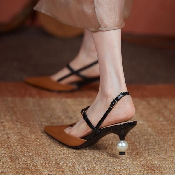 

2021 new summer shoes women pointed toe thin heel genuine leather women sandals mixed colors pearl heel women's high heels, Black