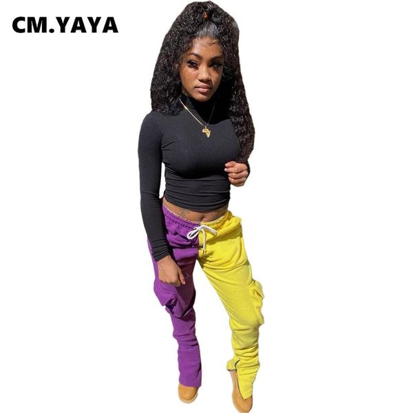 

cm. autumn winter sportwear patchwork women's pants high waist activewear with pocket safari trousers jogger sweatpants, Black;white