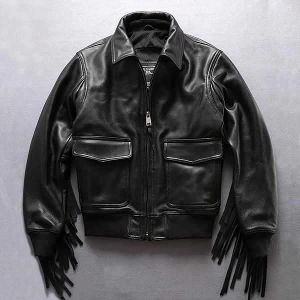 

men's leather & faux factory 2021 men fashion tassel genuine jacket thick cowhide punk rock jackets russia winter coat, Black