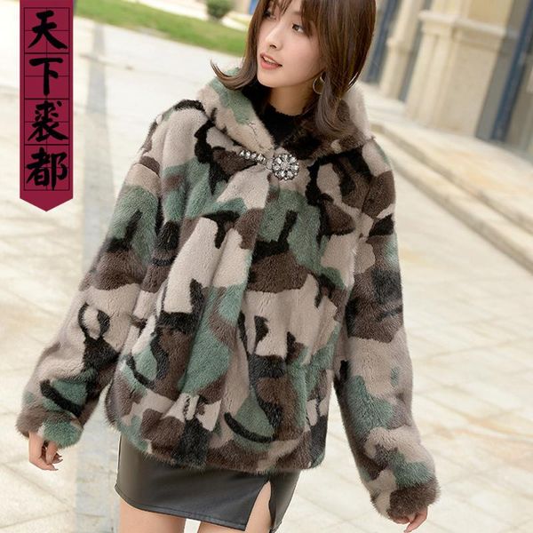 

women's fur & faux design lady camouflage color real mink jacket hooded pocket street arm women genuine outerwear full pelt, Black
