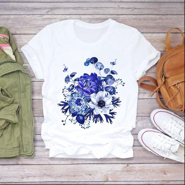 

women floral 90s short sleeve summer fall cute flower lady t shirts womens graphic t shirt ladies female tee t shirt, White