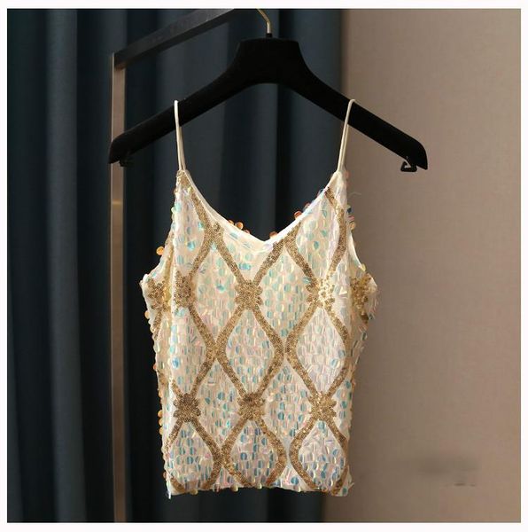 

women's tanks & camis bling sequins camisole women shiny geometric lady sequined woman bead work, White