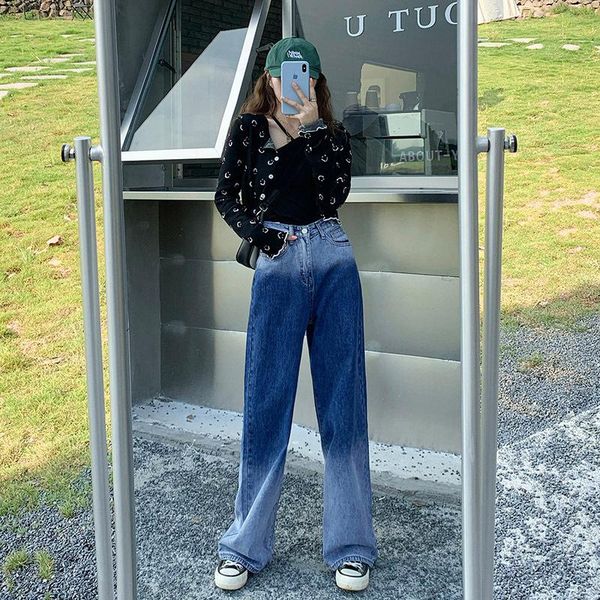 

women's jeans gradient color daddy autumn high waist wide, Blue