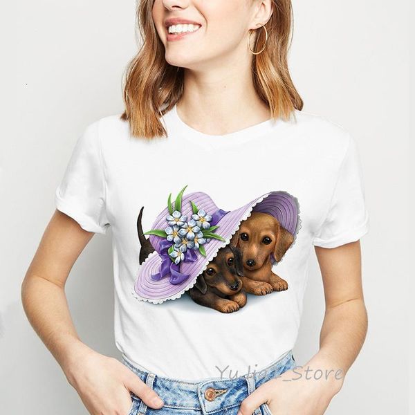

cute dachshund with purple hat funny shirt women harajuku kawaii tshirt dog lover female streetwear, White