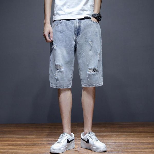 

men's jeans ripped shorts men summer light blue straight denim man hip hop distressed holes short male hombre oversize 42
