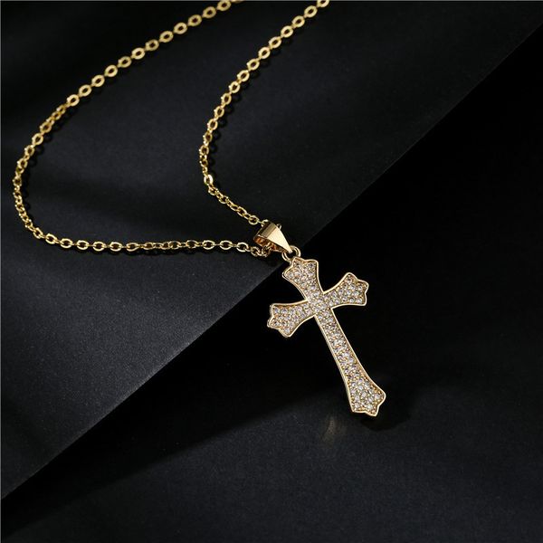 

fashion new genuine gold plated copper micro inlaid zircon cross necklace men's and women's religious jewelry, Silver
