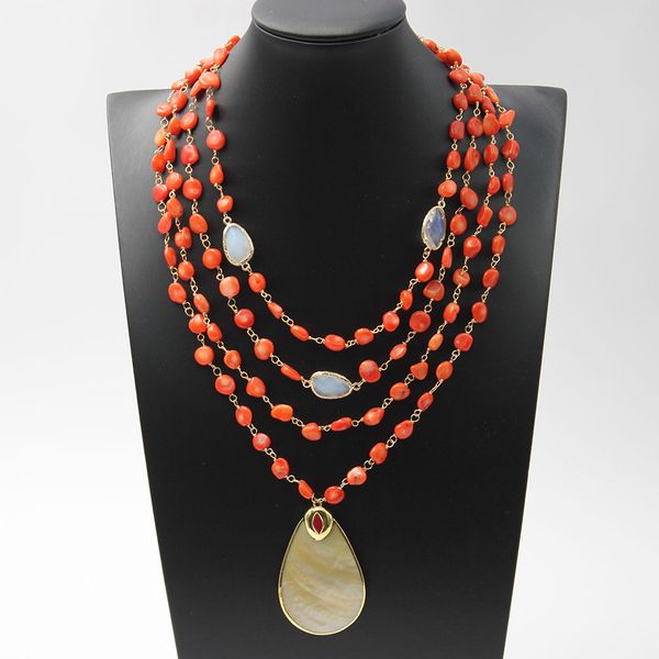 

guaiguai jewelry 4 strands orange coral om white opal crystal necklace natural yellow shell red jades pendant handmade for women, Silver