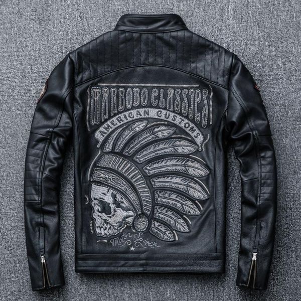 

men's leather & faux 2022 black embroidery skull motorcycle jackets natural cowhide moto jacket biker coat slim clothing