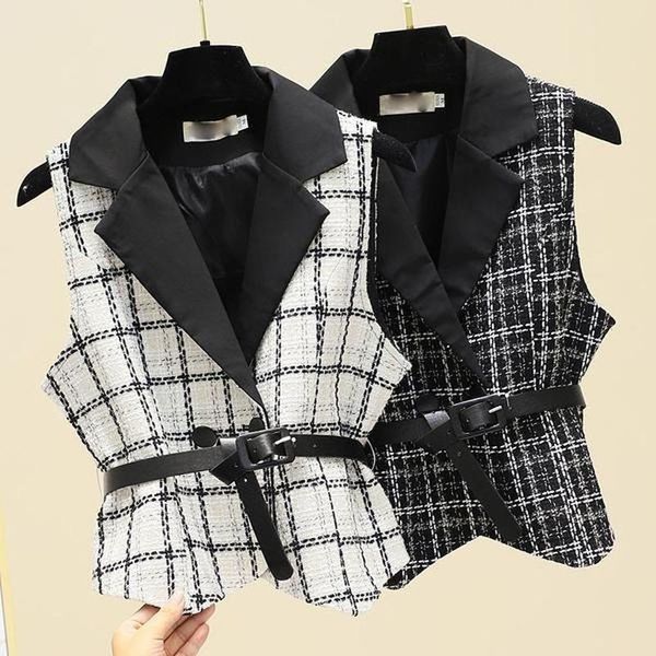 

women's vests 2021 spring autumn women korean fashion tweed two buttons turn-down collar sleeveless vest short waistcoat send belt y712, Black;white