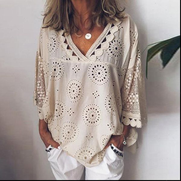 

women blouse hollow out lace patchwork women plus size 5xl geometry v neck summer shirt vrouw blouse large size, White
