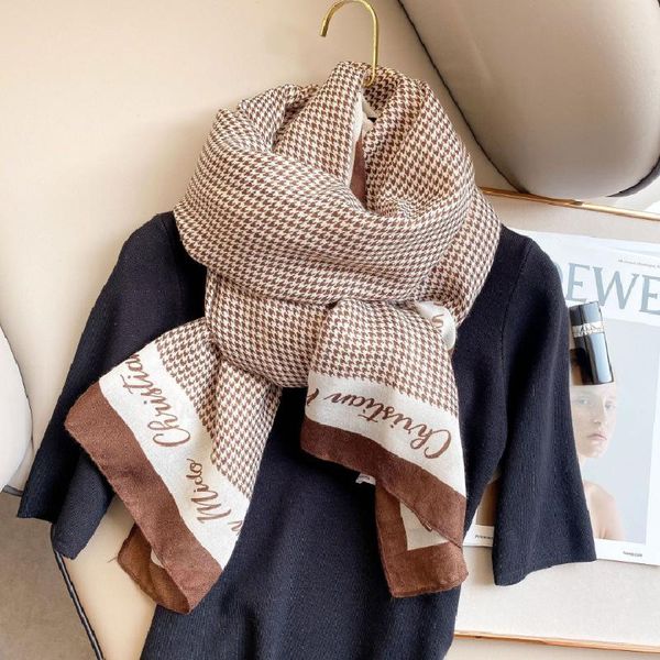 

scarves fashion spring and autumn cotton linen scarf luxury houndstooth woman shawl elegant decoration wrap high-quality long hijab, Blue;gray
