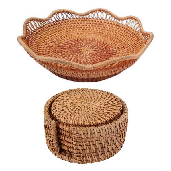 

mats & pads 1 set creative drink coasters hand-woven storage box fruit basket
