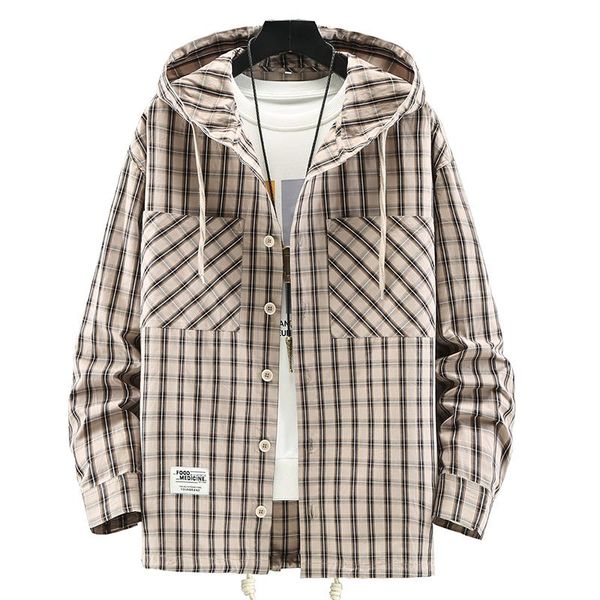 

men's casual shirts 100% cotton shirt youth color matching long-sleeved hooded men 2021 fashion loose plaid male218, White;black