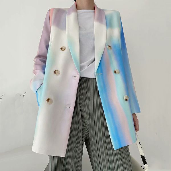 

women's leather & faux fall female fashion double breasted tie dye blazer high street jacket drop jackets with cleavage v long sleeve o, Black