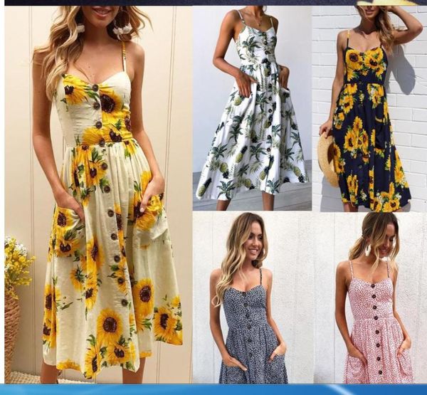 

casual dresses v-neck open back print summer beach skirt button sleeveless plus size women's dress, Black;gray