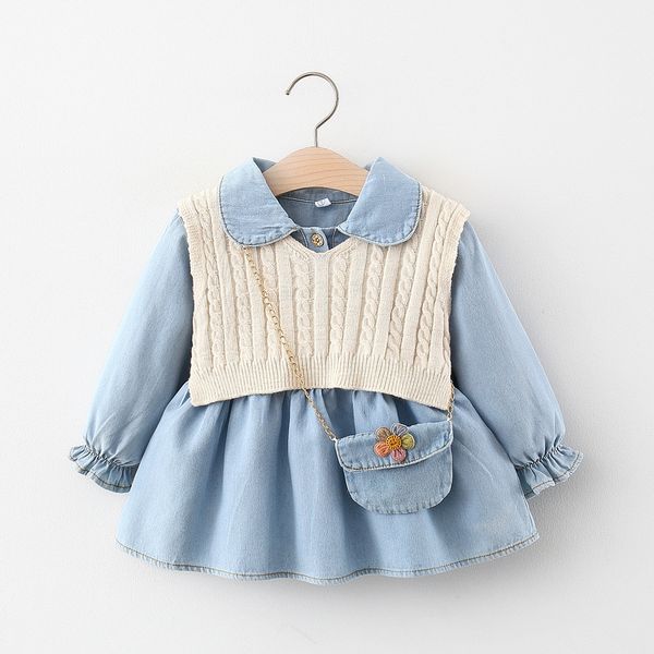 

kids girls clothing set denim dress+knit waistcoat 2pc suits fall 2021children boutique clothes korean original design 0-4t outdoor outfits, White