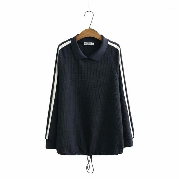 

women's sweaters plus size turn-down collar women loose 2021 autumn winter casual ladies side stripe black navy pullovers female top, White;black
