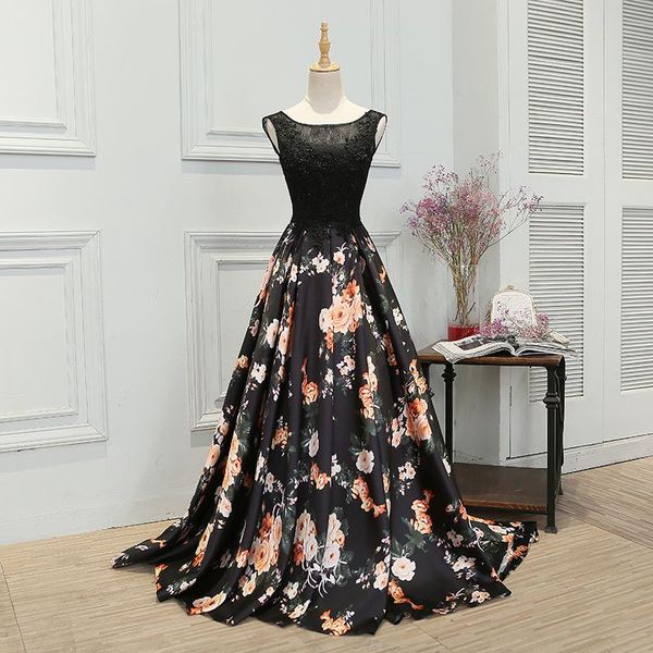 

ethnic clothing black vintage evening party dress women flower print trailing banquet gown exquisite appliques trim sleeveless pleated dress, Red