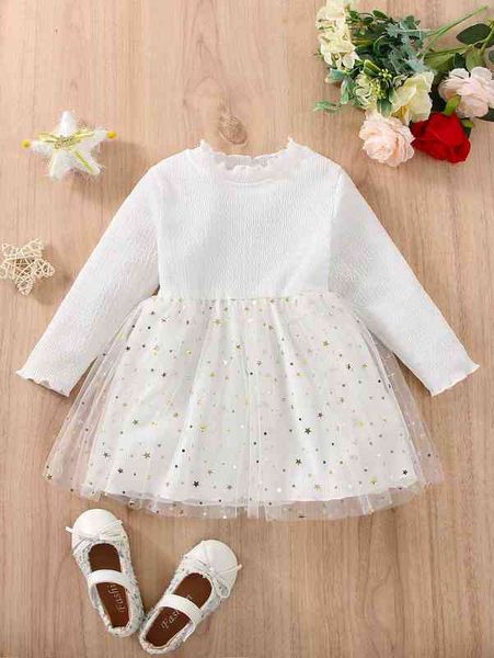 

baby lettuce trim contrast star mesh dress she, Red;yellow