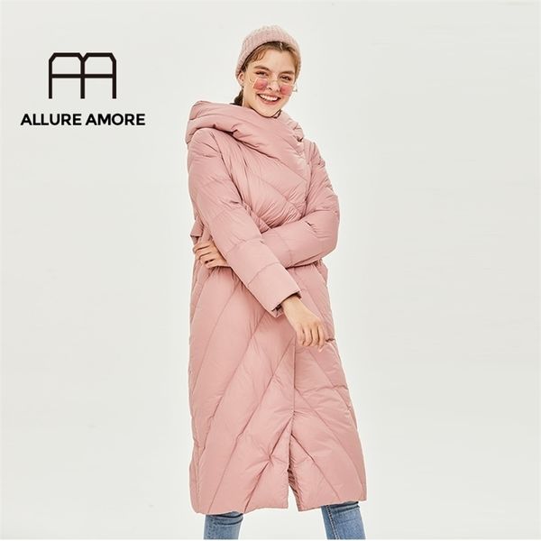 Allure Amore Mulheres Branco Duck Down Jacket Windproof Quilted Revestido com Colarinho Stand-Up Com Capuz Parka Lightweight Puffer Roupas 210204