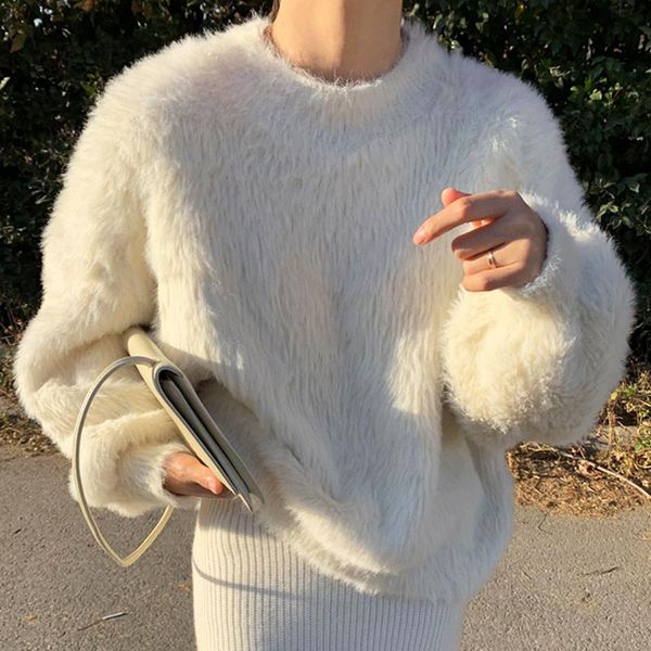

women's sweaters [ewq] korean chic autumn winter temperament o neck pullover loose lantern sleeve soft waxy imitation mink wool 2021 16, White;black