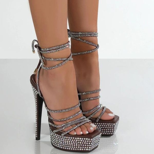 

sandals black rhinestone luxury shoes women designer cross strappy ankle high heels platform gladiator stilettos mujer