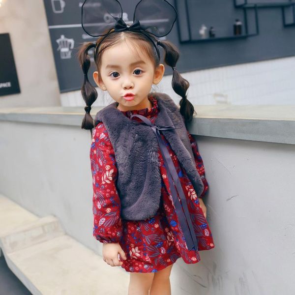 

girl's dresses baby girls dress sets plus velvet vest suits autumn winter long sleeve dress+fur coats 2pcs set cute kids clothing outfi, Red;yellow