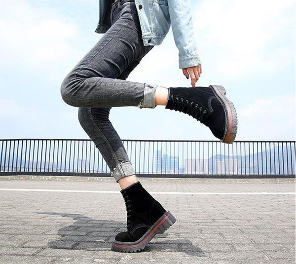 

boots motorcycle platform women wedge shoes autumn winter fur fashion round toe lace-up suede leather ladies, Black