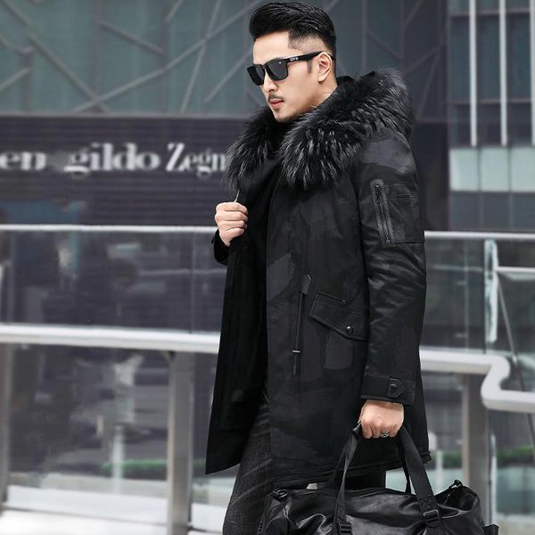 

men's leather & faux real fur coat men raccoon collar winter for clothes 2021 parka casaco 19007 yy941, Black