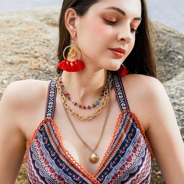 

handmade large alloy fashion shell thick pendant chain stone three layer women's necklace jewelry, Silver