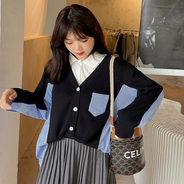 

women's knits & tees casual knitted women cardigan fake two pieces patchwork long sleeve v-neck female spring autumn big size loose top, White