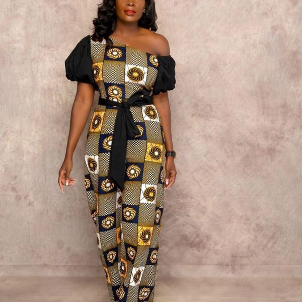

2021 new women print off one shoulder jumpsuits short sleeves patchwork with waist belt wide leg romper streetwear african female fashion fw, Black;white